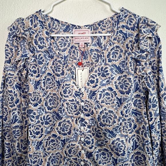 Anthropologie Banjanan Small Elise Top Ruffle Floral Button Up V-neck New R23 - Picture 4 of 8